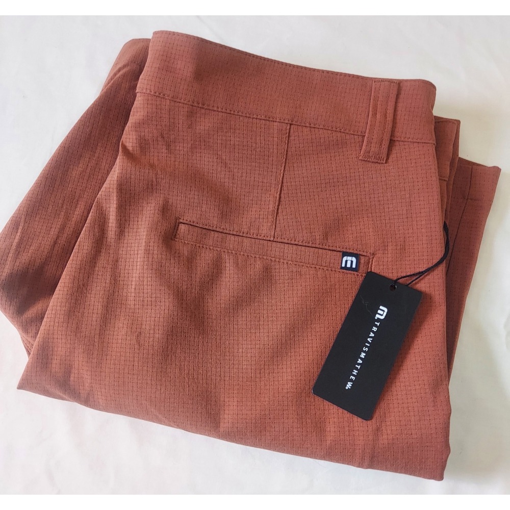 TravisMathew Men Golf Shorts Rust Orange Micro Grid Performance Size 30 9 Inseam